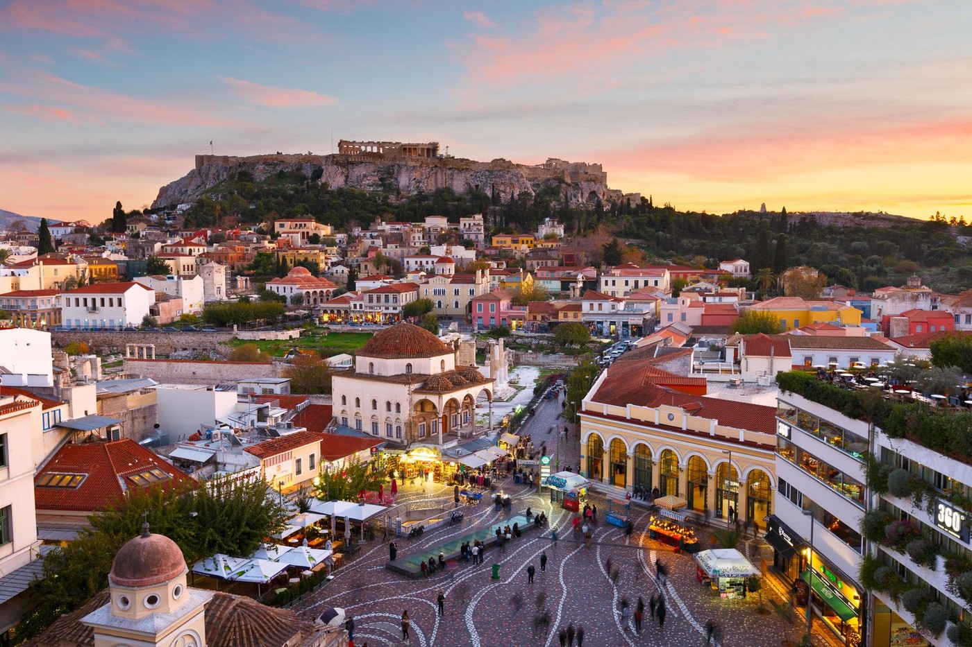 View of Acropolis from a roof-top coffee shop in Monastiraki square, Athens.