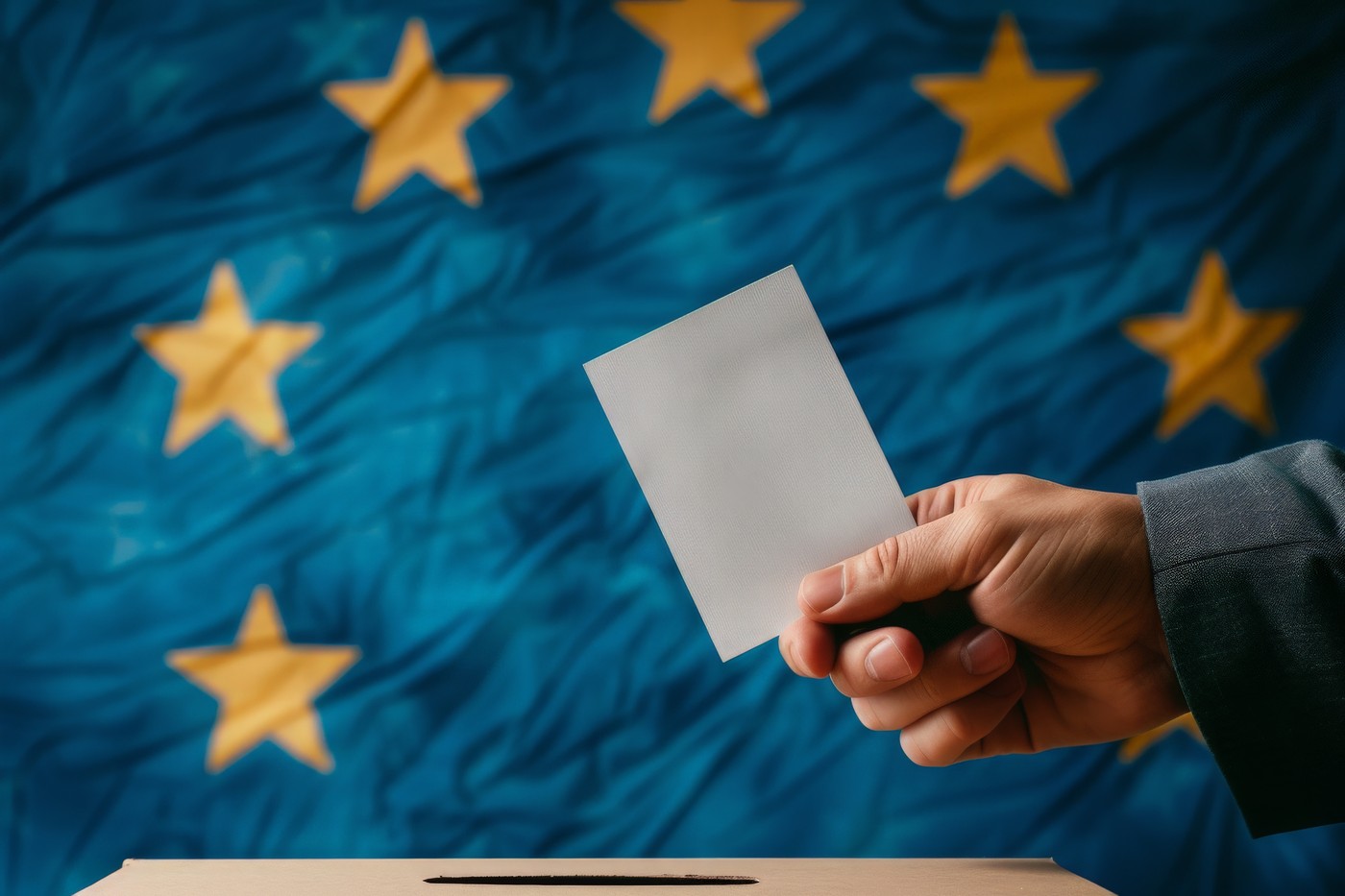 A man confidently holds a voting card in front of a vibrant EU flag, symbolizing his participation in the democratic process.