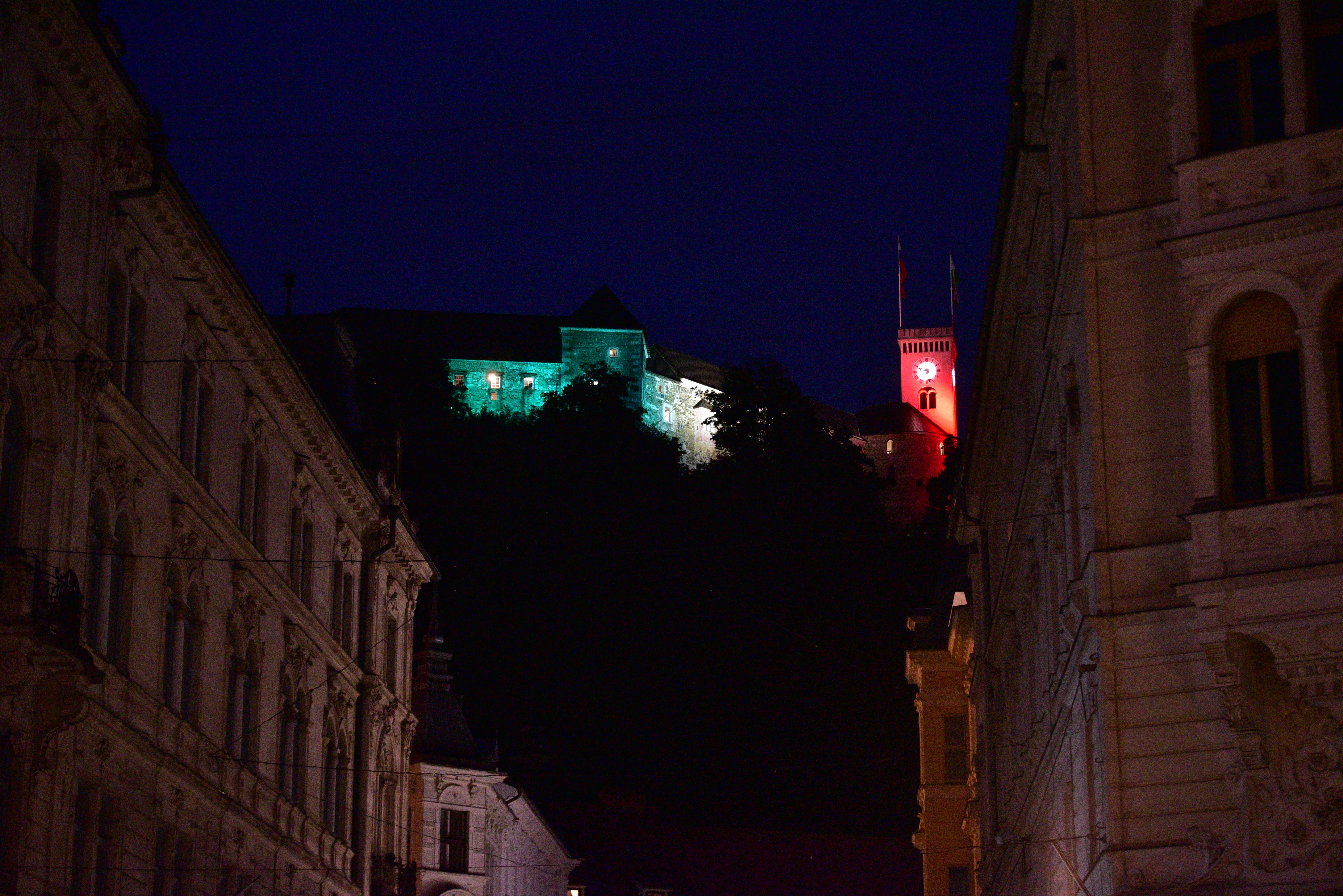 Ljubljanski grad v barvah Palestinske zastave