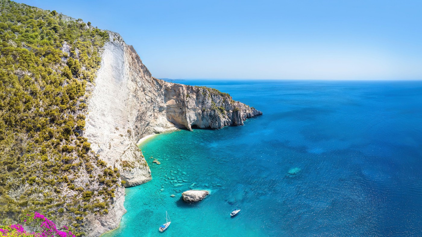A view of the Greek coastline on the island of Zakynthos.