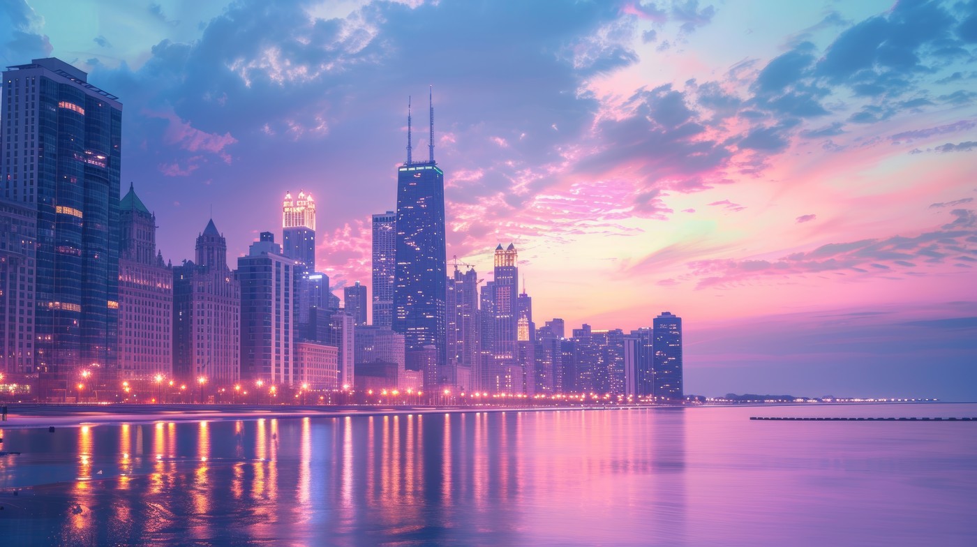 A panoramic view of Chicago's skyline glowing under a dramatic twilight sky, reflecting on the calm waters of Lake Michigan.
