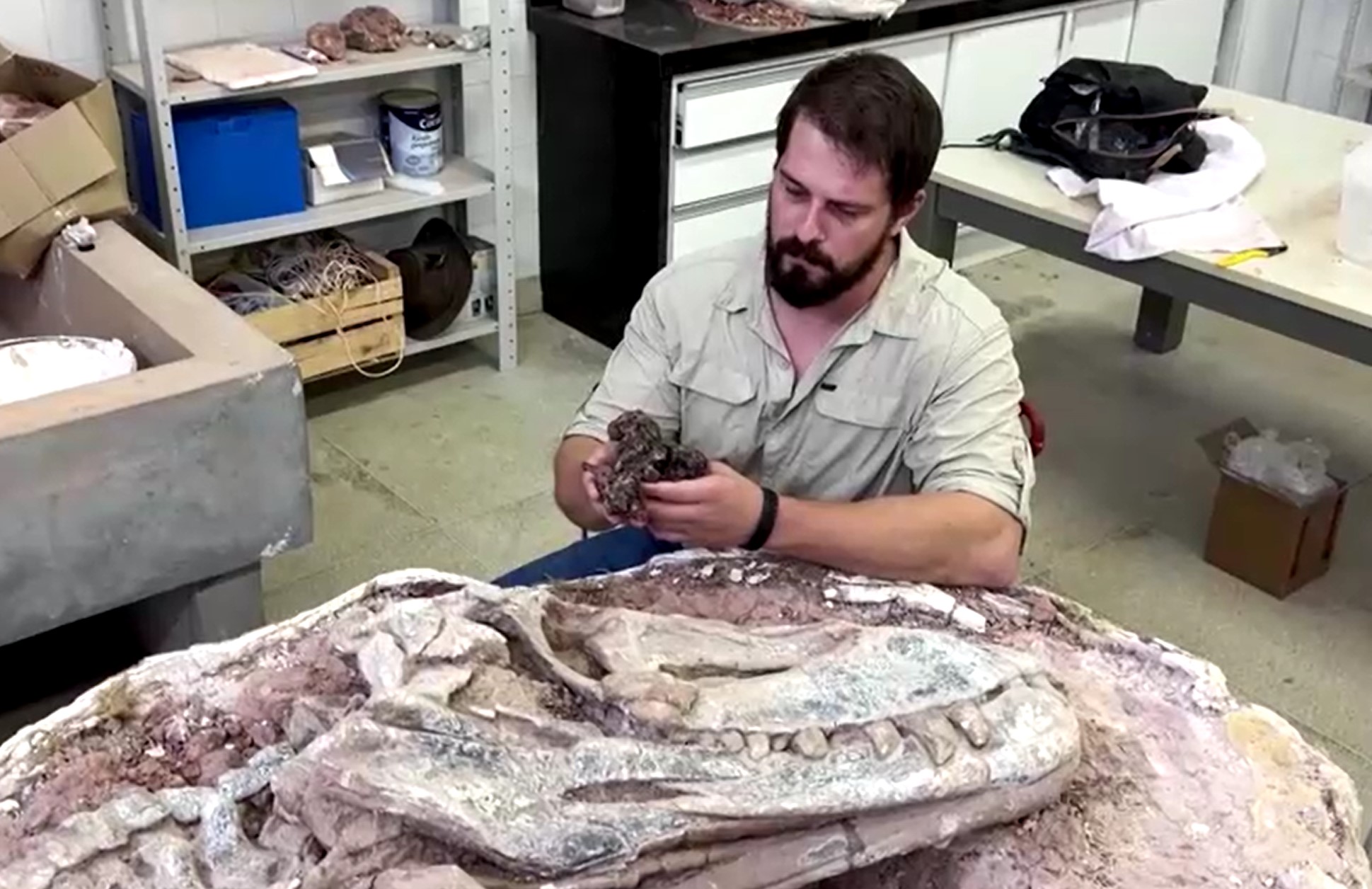 Rodrigo Temp Muller s fosilom v rokah (Foto: Zajem zaslona/REUTERS)