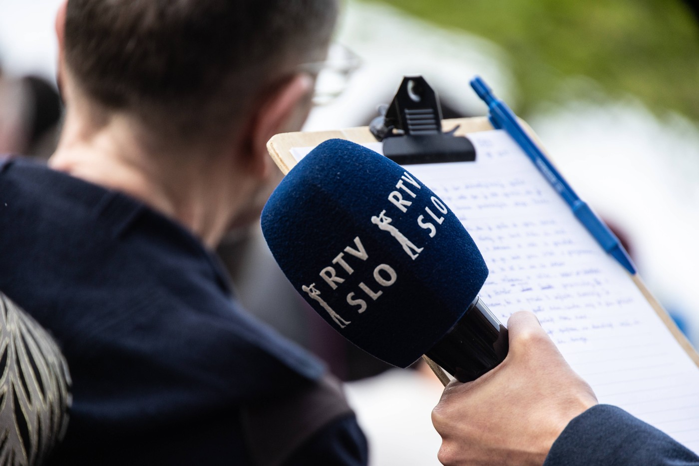Microphone of RTV Slovenija (Radio-Television of Slovenia) ahead of the Eurovision Song Contest Grand Final, near Malmö