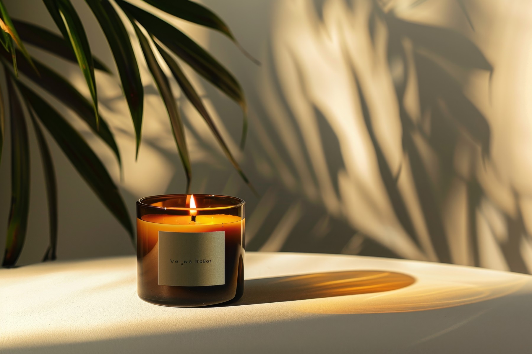 Scented candle burning with tropical plant shadow