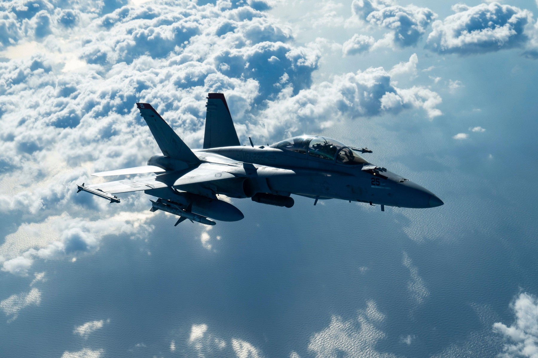Sea of Japan, Japan. 31 October, 2024. A U.S. Marine Corps F/A-18D Hornet fighter aircraft assigned to the Red Devils of Marine Fighter Attack Squadron 232 approaches to refuel from a U.S. Air Force KC-135 Stratotanker, during exercise Keen Sword 25, Octo