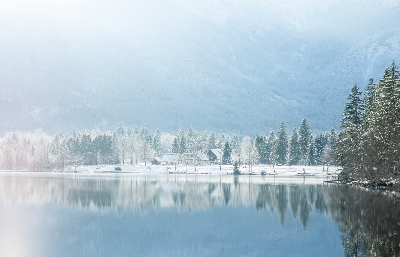 winter lake landscape with reflactions