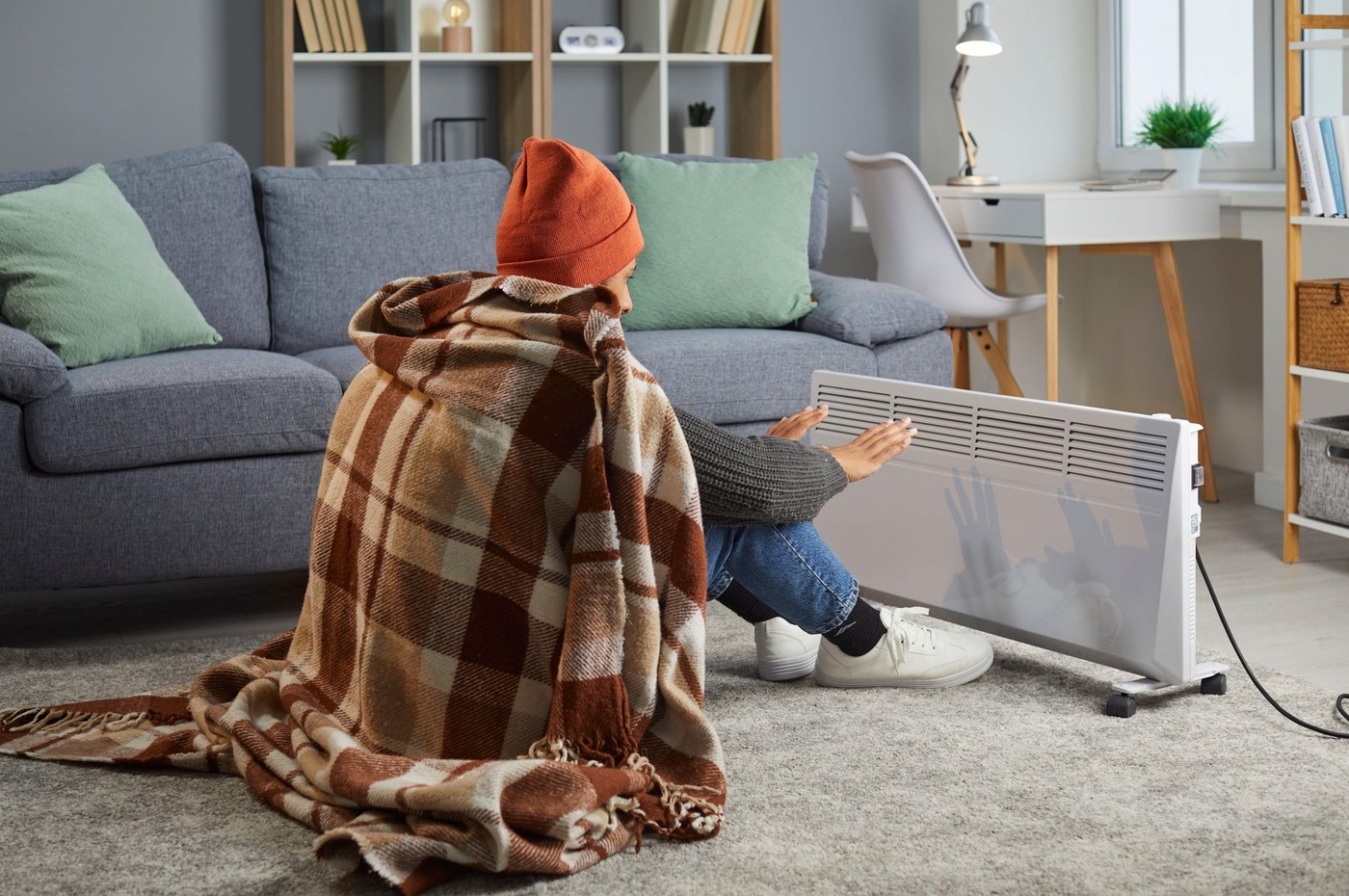 ženska, zima, stanovanje, mraz, hlad, električni radiator