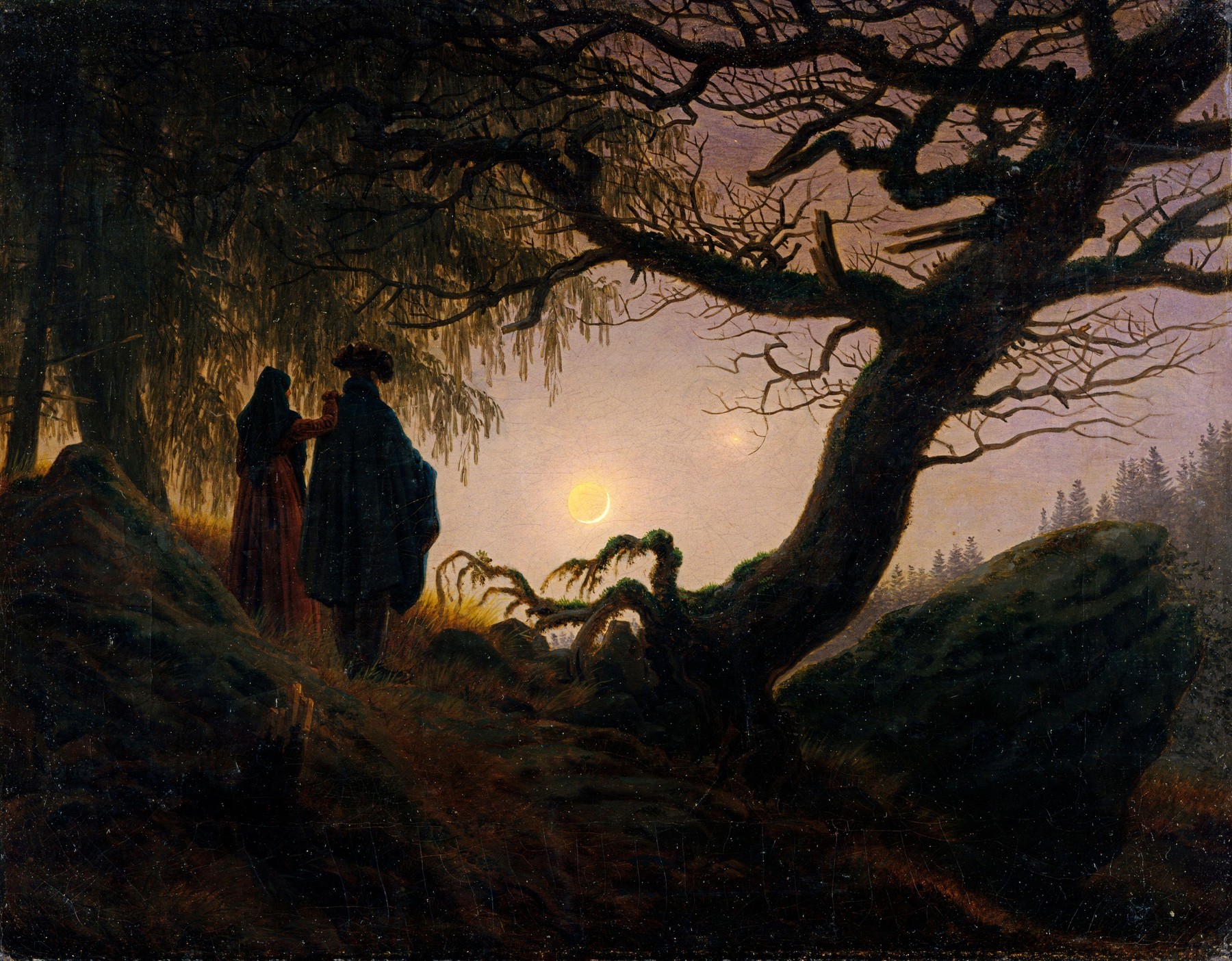 Caspar David Friedrich: Moški in ženska strmita v luno, 1824