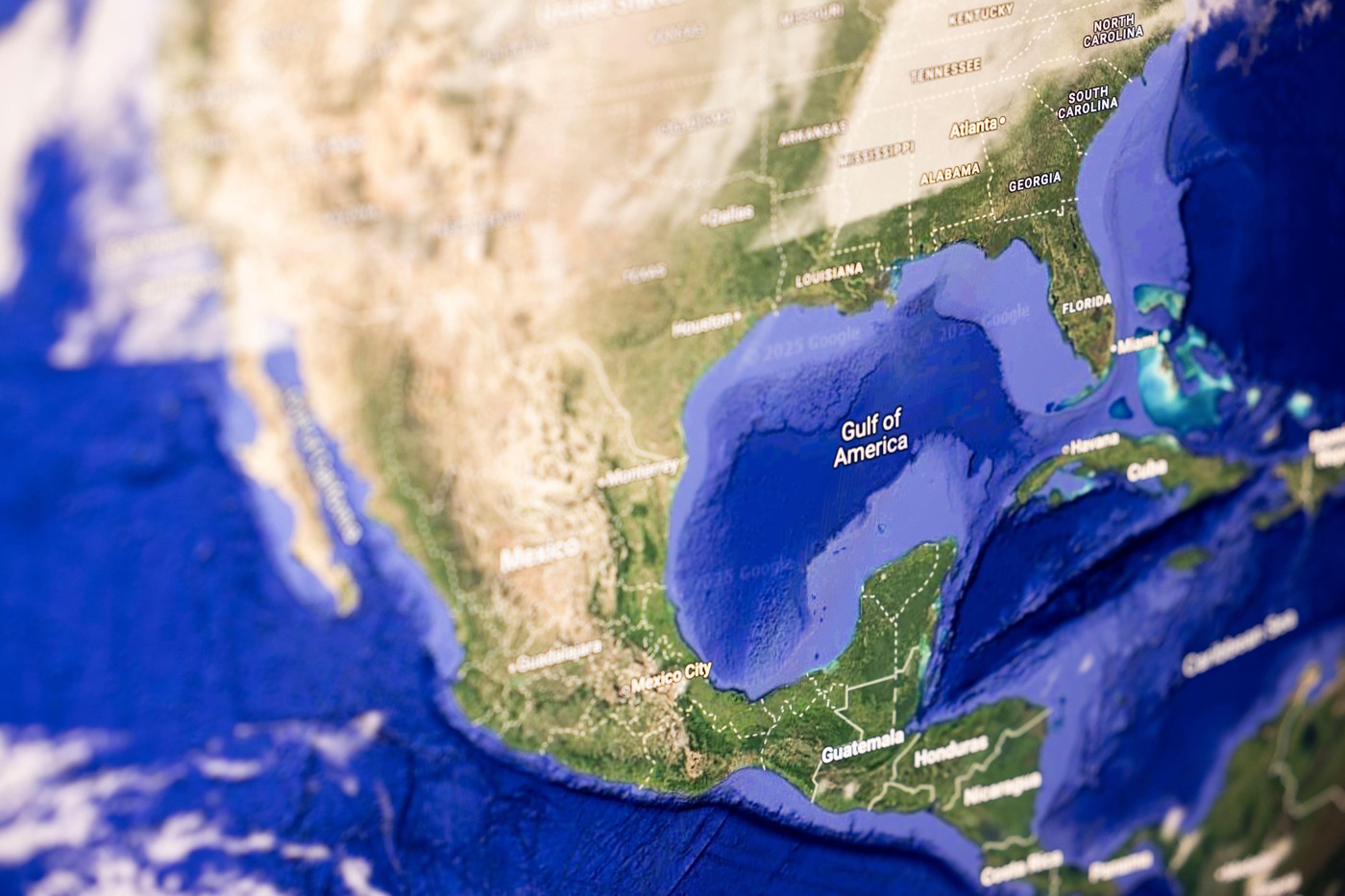 Fullerton, California, USA - February 12, 2025: A computer screen displays the newly renamed "Gulf of America."