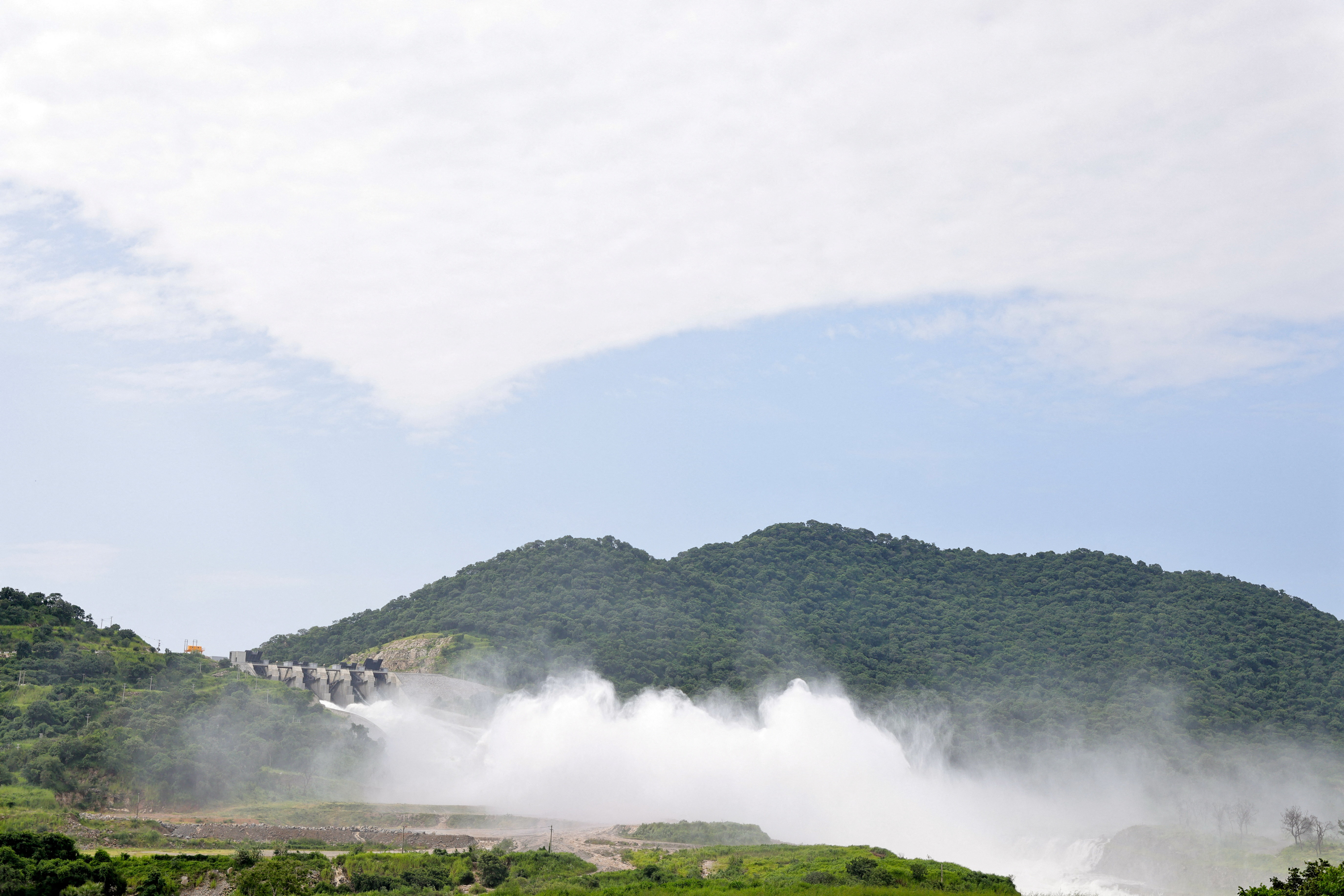 Water splashes next to the Grand Ethiopian Renaissance Dam (GERD), built along the Blue Nile, during its inauguration, in Guba, Benishangul-Gumuz region, Ethiopia, September 9, 2025. REUTERS/ Tiksa Negeri