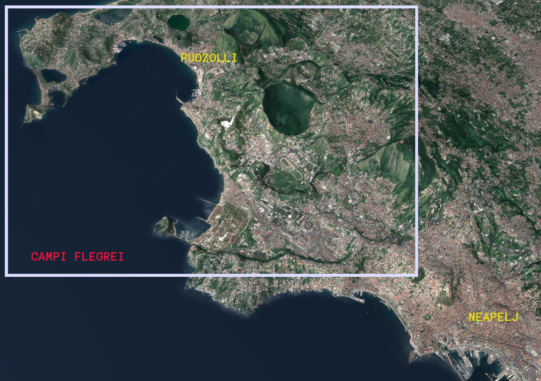 satelitska slika območja kaldere Campi Flegrei Flegrejske poljane pri Neaplju
