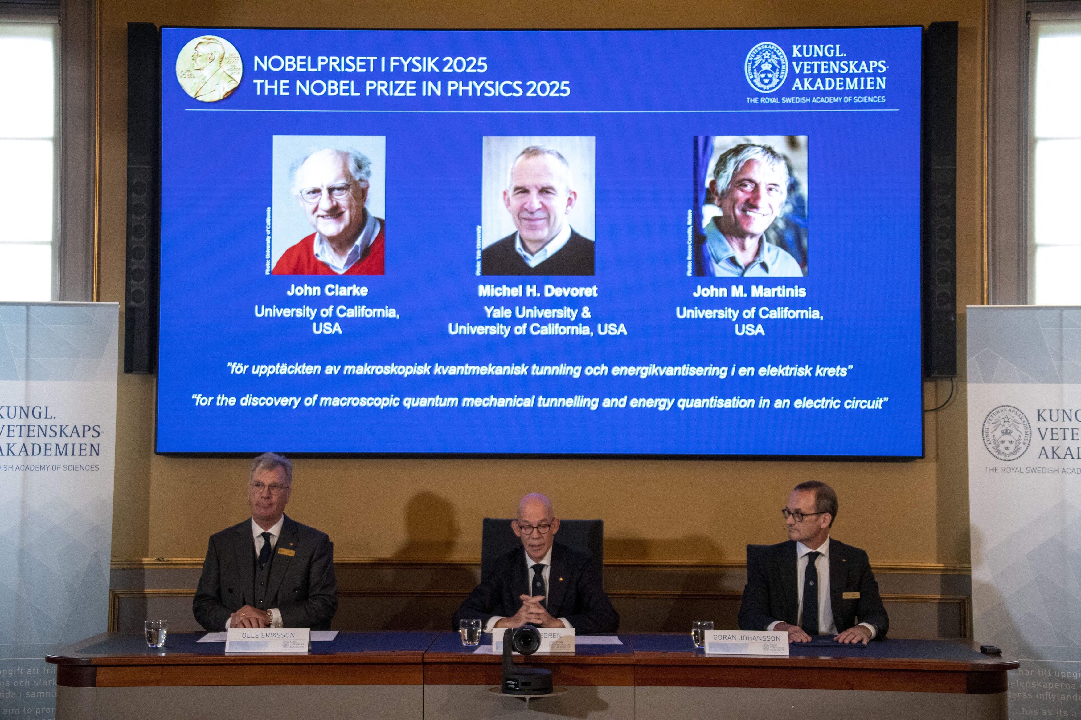razglasitev Nobelovih nagrajencev za fiziko 2025. John Clarke, Michel Devoret in John Martinis
