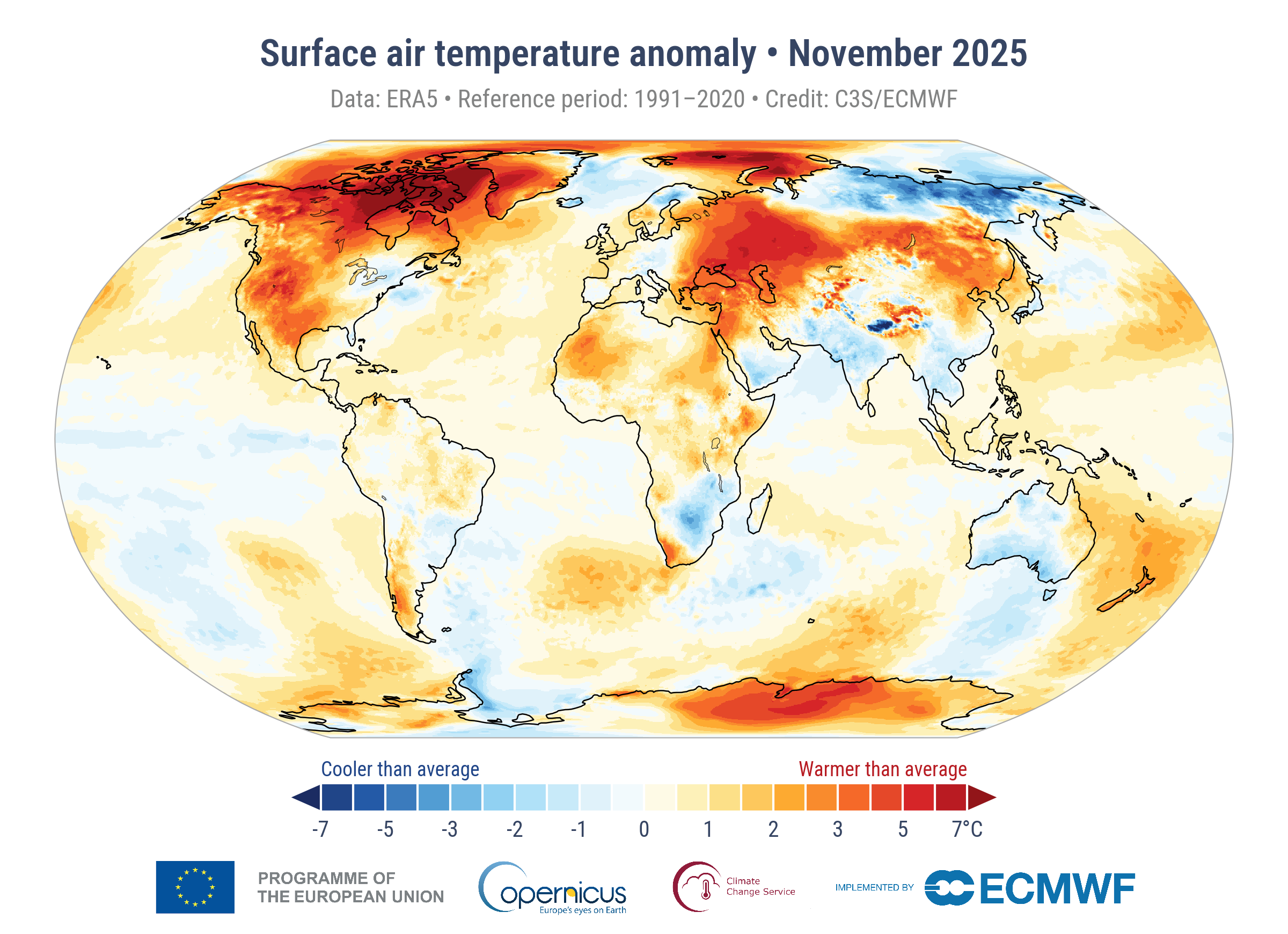 odstopanja temperatur od povprečja 1991 - 2020 novembra 2025