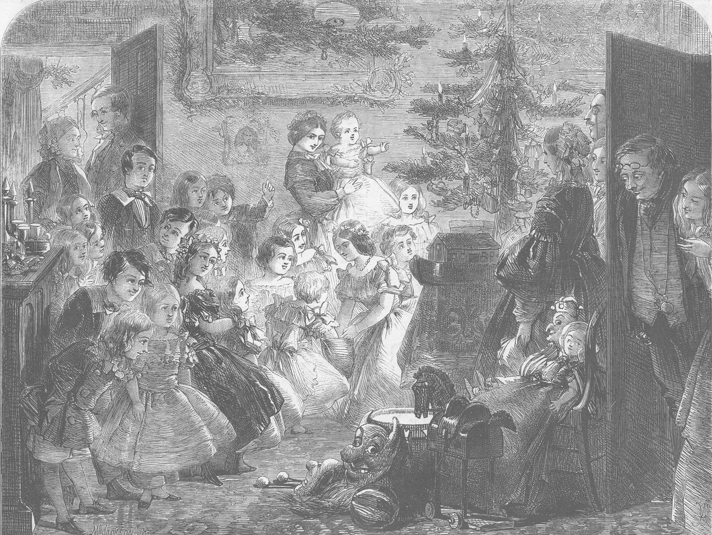 družina ob božičnem drevescu ilustracija iz London News leta 1858