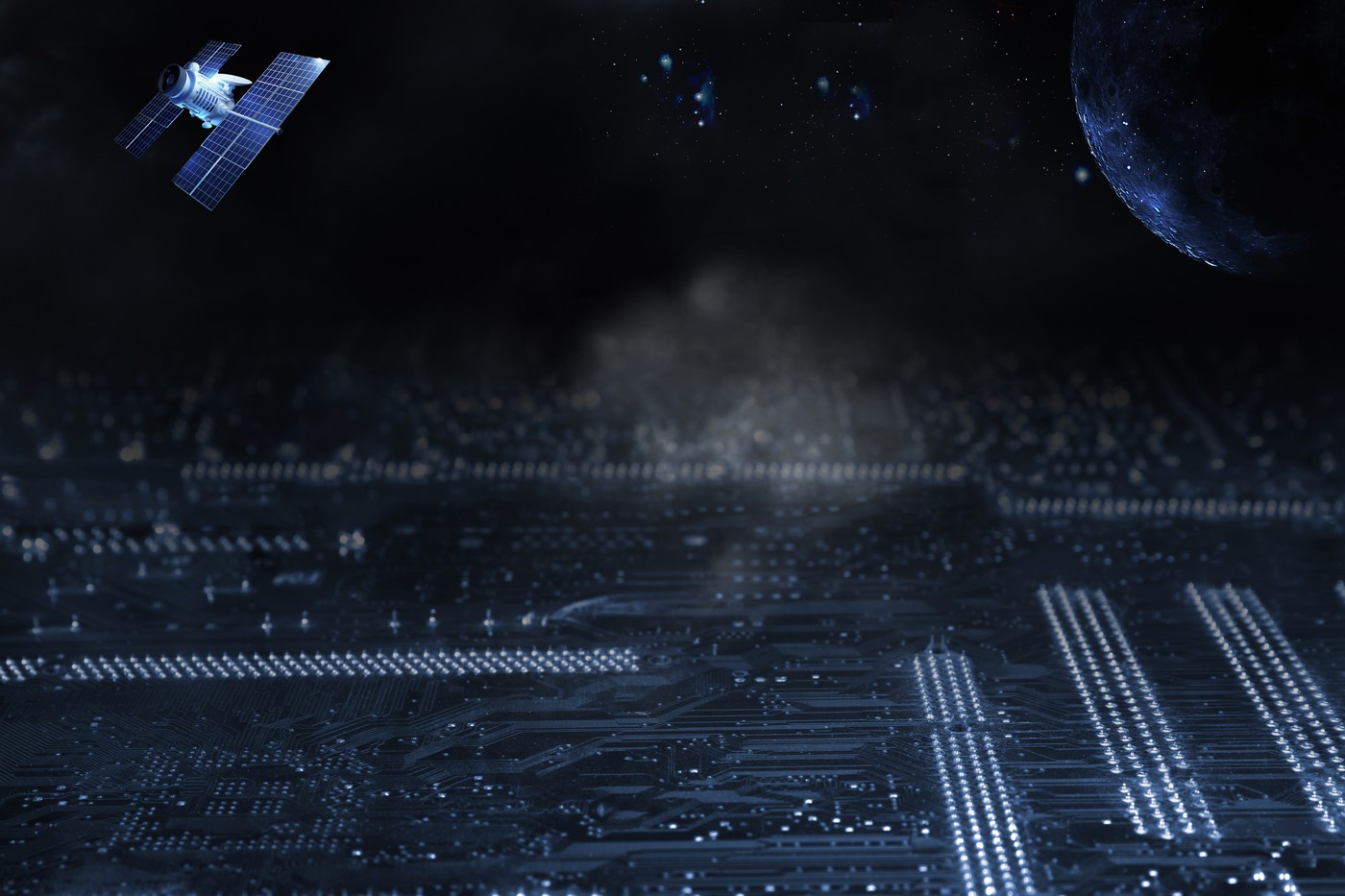 satelit v vesolju nad tiskanim vezjem. konceptualna slika