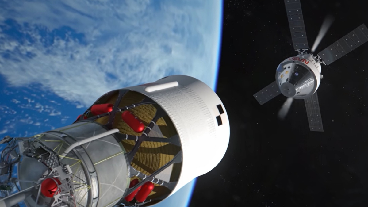 Artemis II raketa modul Orion nad Zemljo v visoki orbiti odriv proti Luni