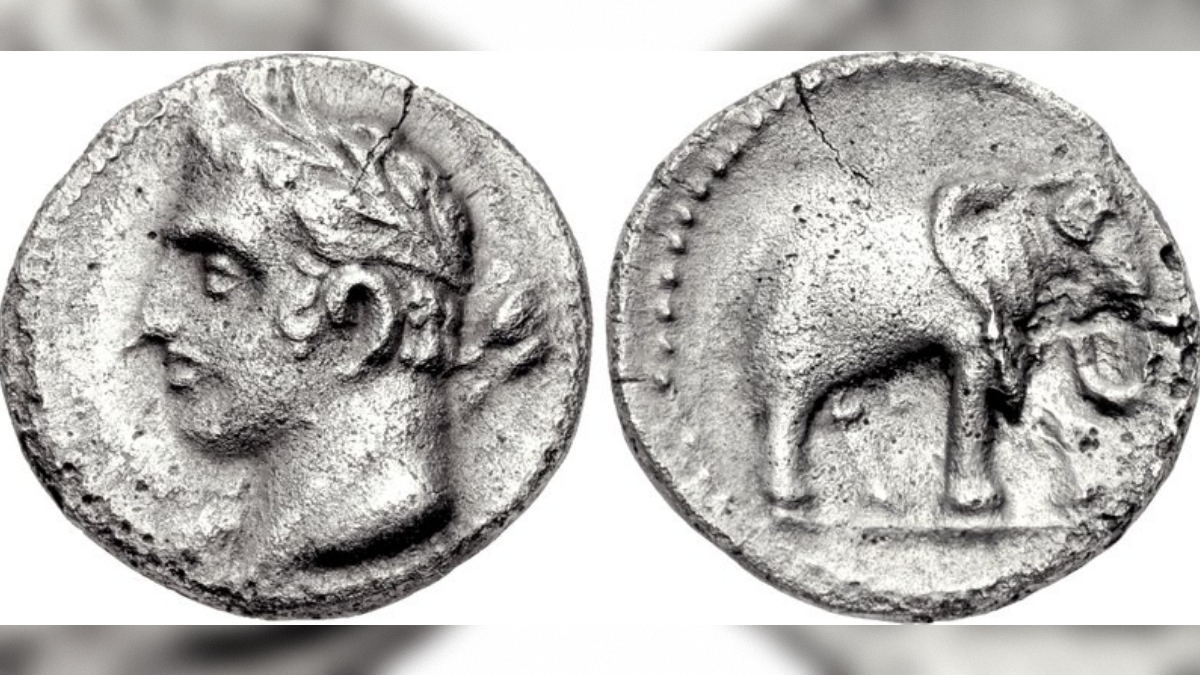 Kartažanski kovanec z domnevno upodobitvijo Hanibala in bojnega slona