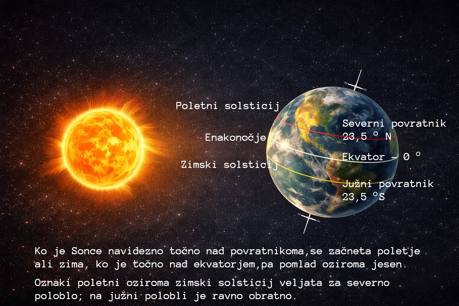Sonce in Zemlja z označenim ekvatorjem in povratnikoma ter začetki letnih časov