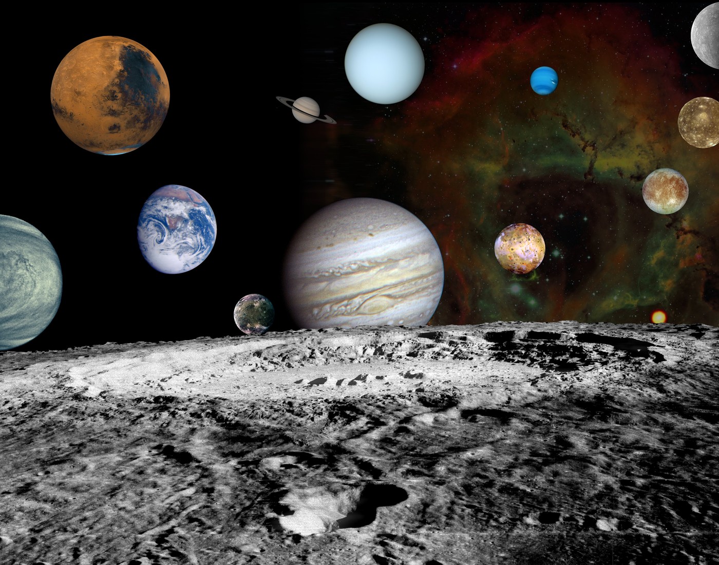 ososnčje s planeti in sateliti, pogled z Lune iluStracija