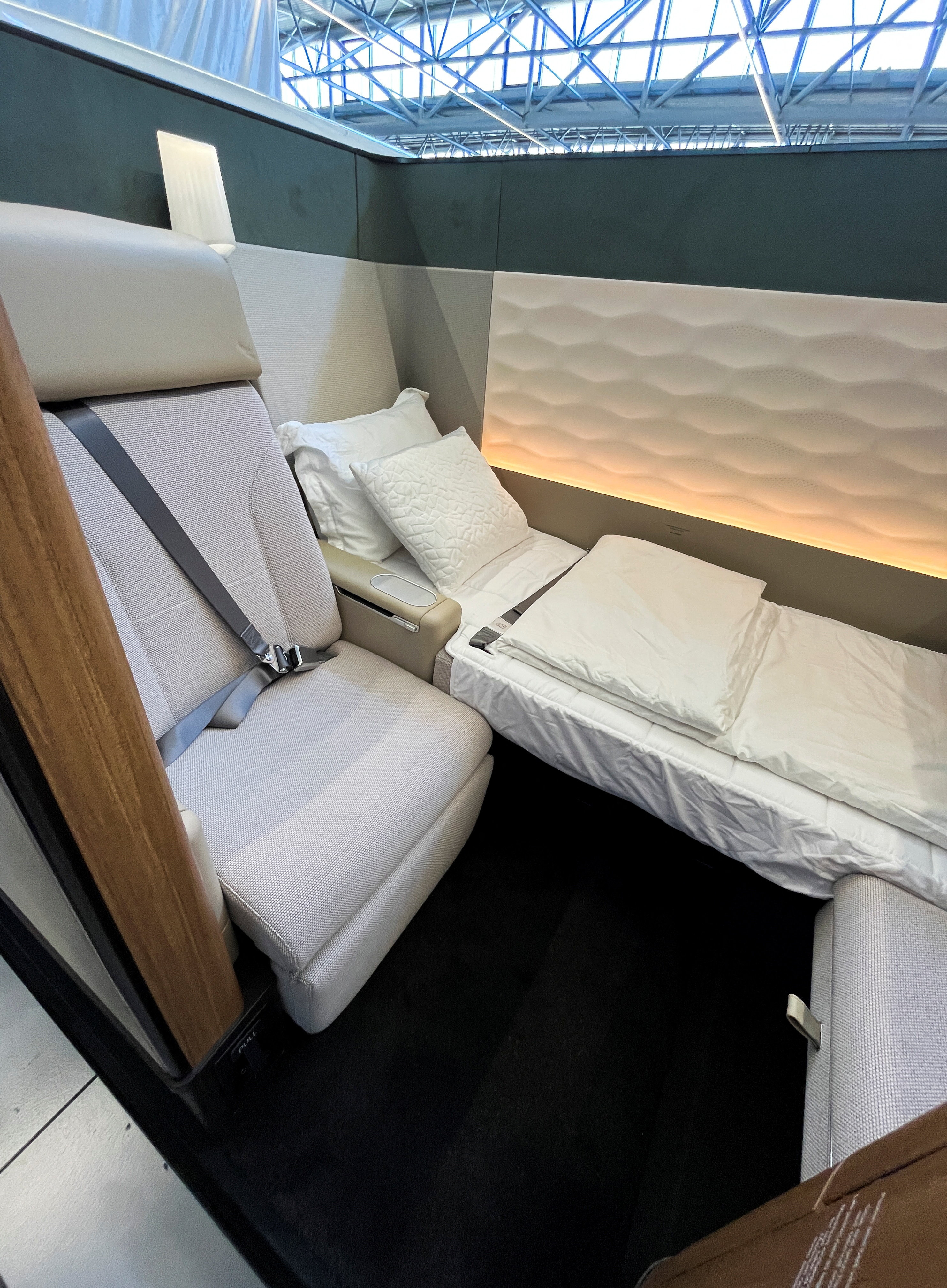 Qantas displays new first-class suite during a media presentation on "Project Sunrise" flights in Toulouse, France June 18, 2026. Picture taken with a mobile phone. REUTERS/Tim Hepher