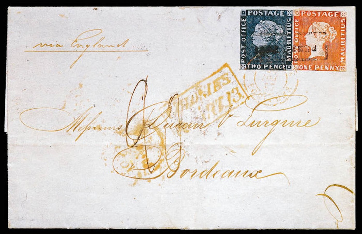 Pismo ovojnica iz Bordeauxa Bordeaux Letter Cover z znamkama Modri Mavricij in Rožnati Mavricij