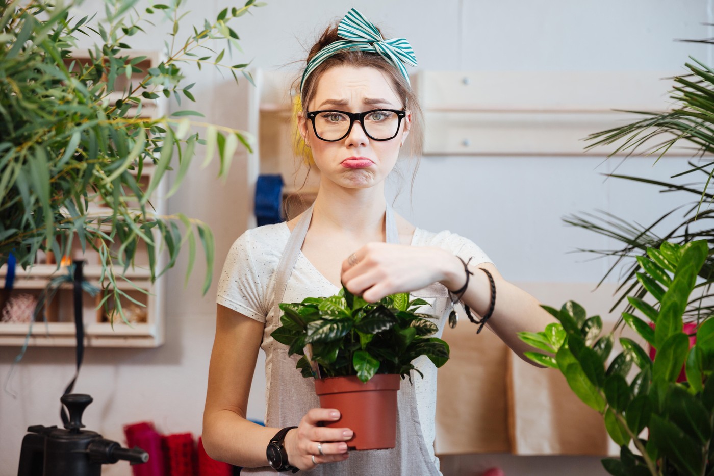 žalostna razočarana floristka v cvetličarni z zeleno rastlino