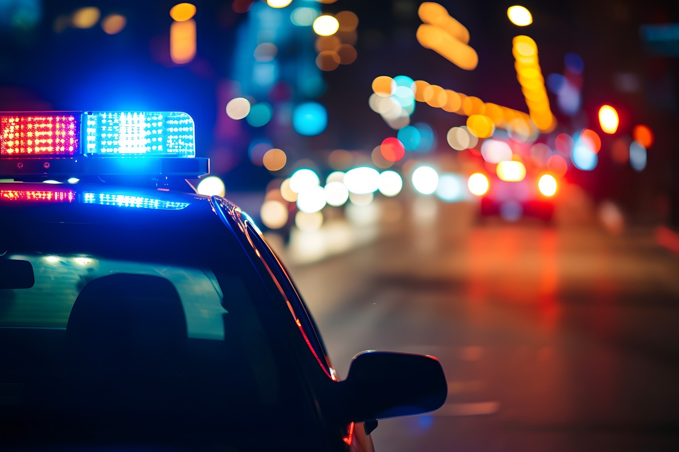 policijski avto z lučmi ponoči na cesti