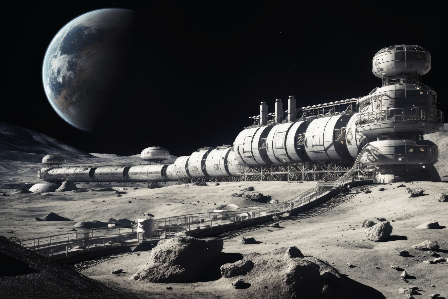 A space station on the moon,Image: 908617808, License: Royalty-free, Restrictions: , Model Release: no