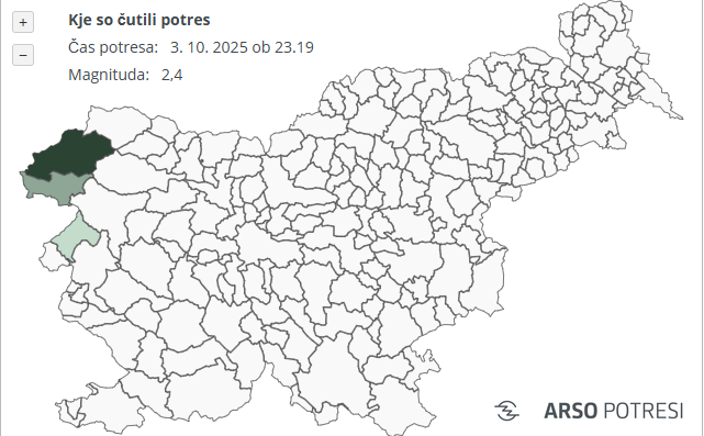Karta Slovenije, kjer so čutili potres