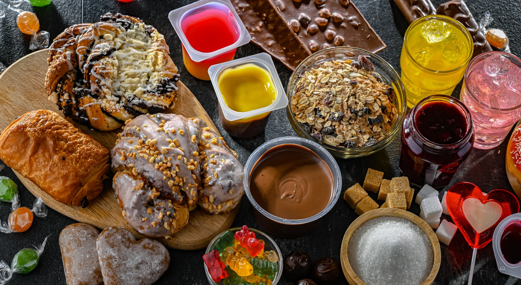 Food products containing a significant amount of sugar. Junk food.,Image: 885629759, License: Royalty-free, Restrictions: , Model Release: no