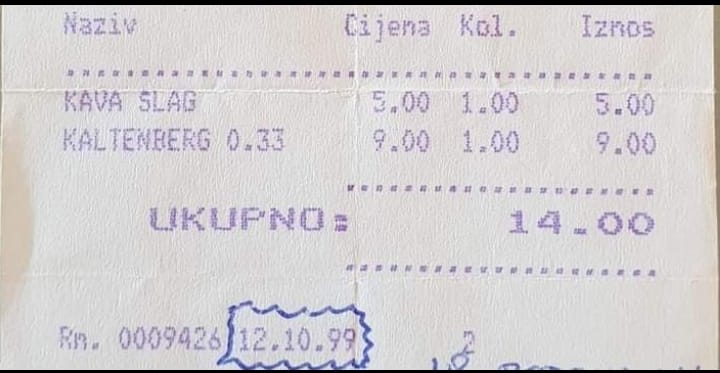 Račun iz Hrvaške iz leta 1999