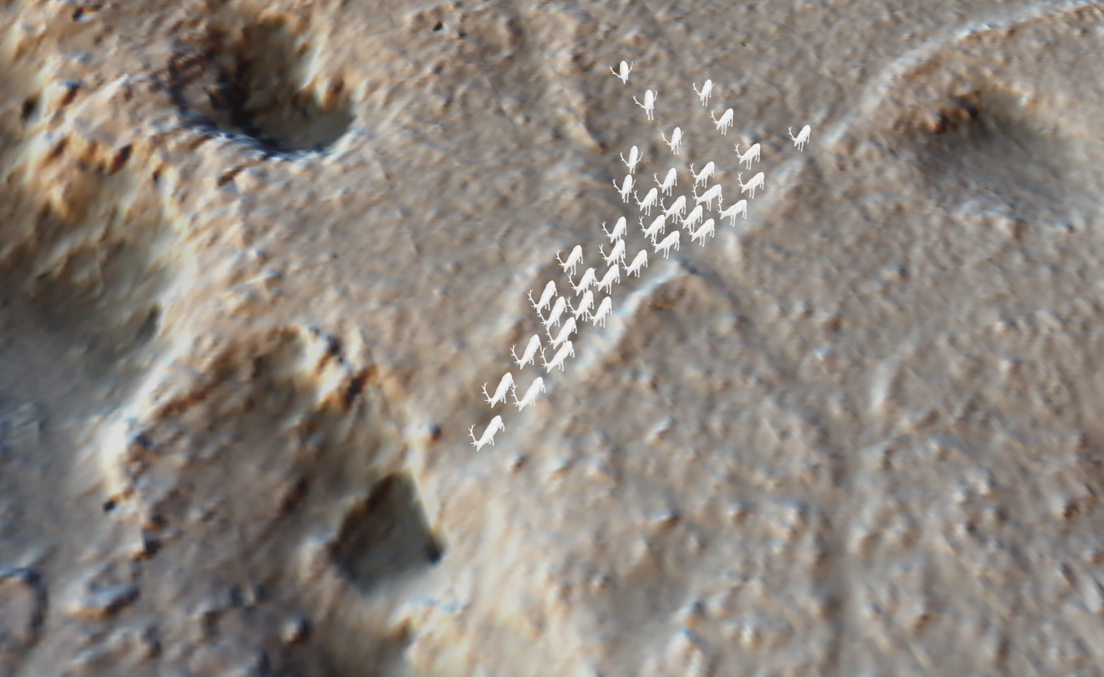 računalniška grafika, prikaz uporabe prazgodovinskih kamnitih struktur s Krasa za lov na srnjad