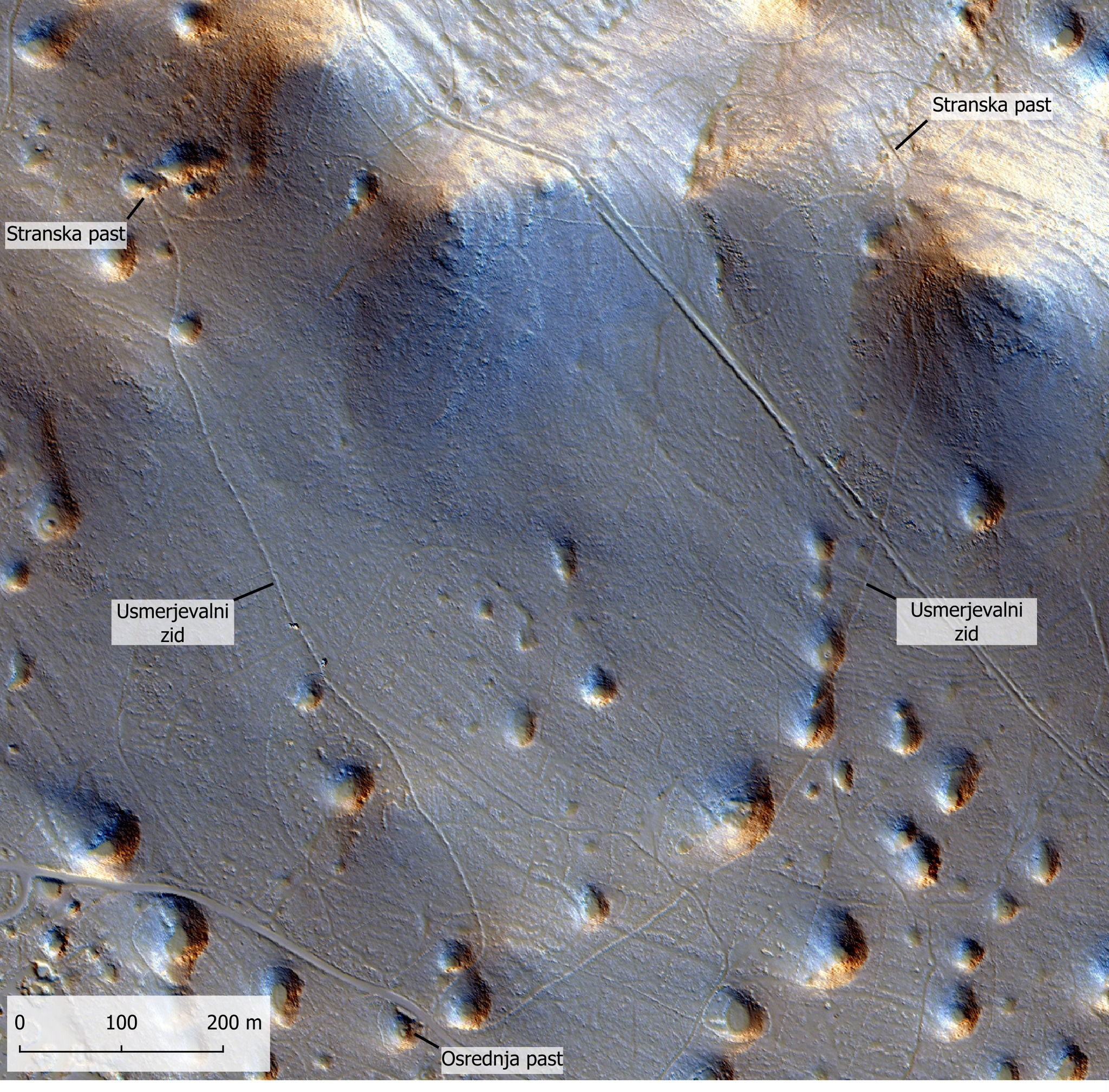 lidarska slika prazgodovinskih kamnitih struktur na Krasu