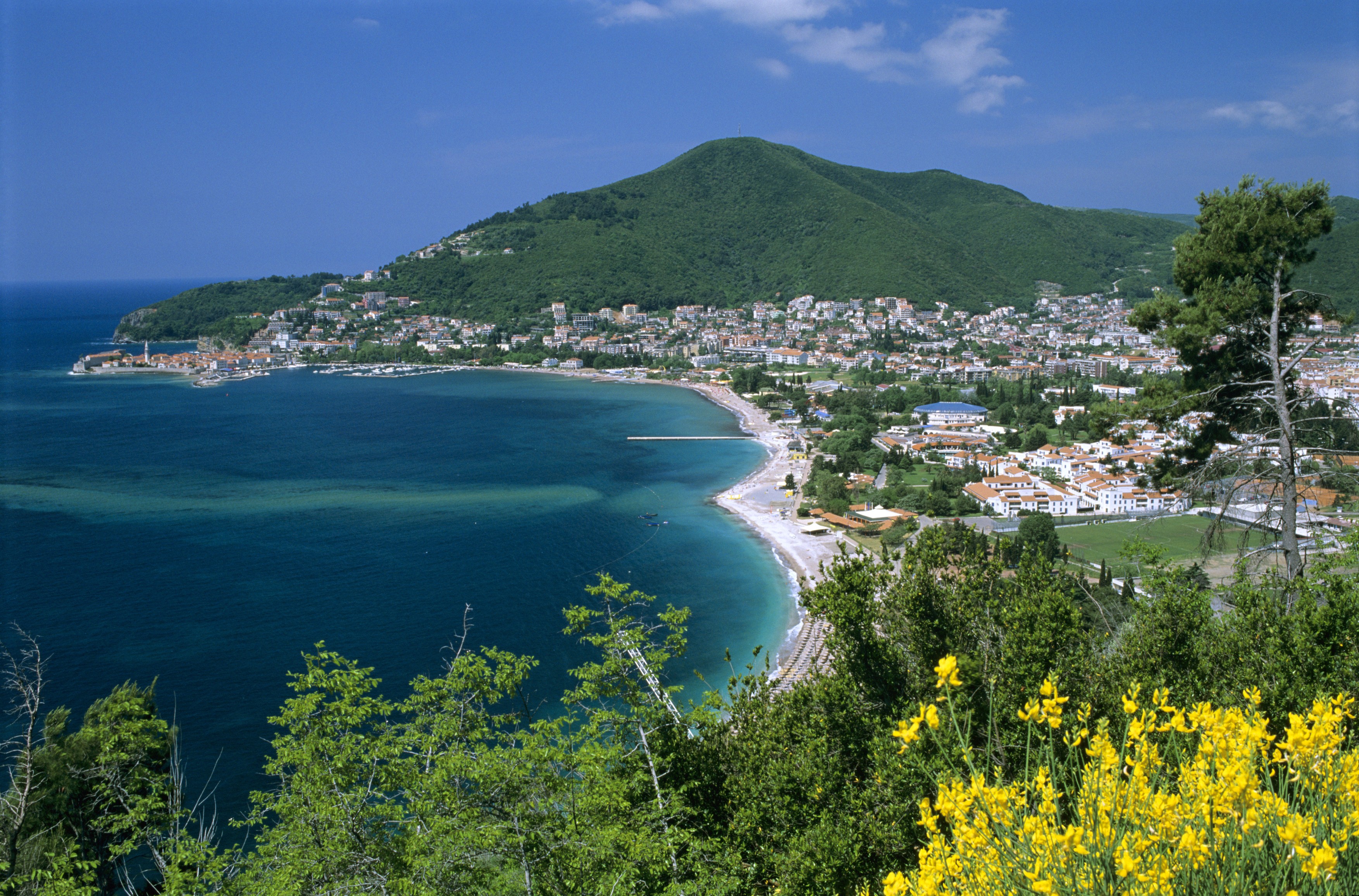 View over town and Slovenska Beach, Budva, The Budva Riviera, Montenegro,
