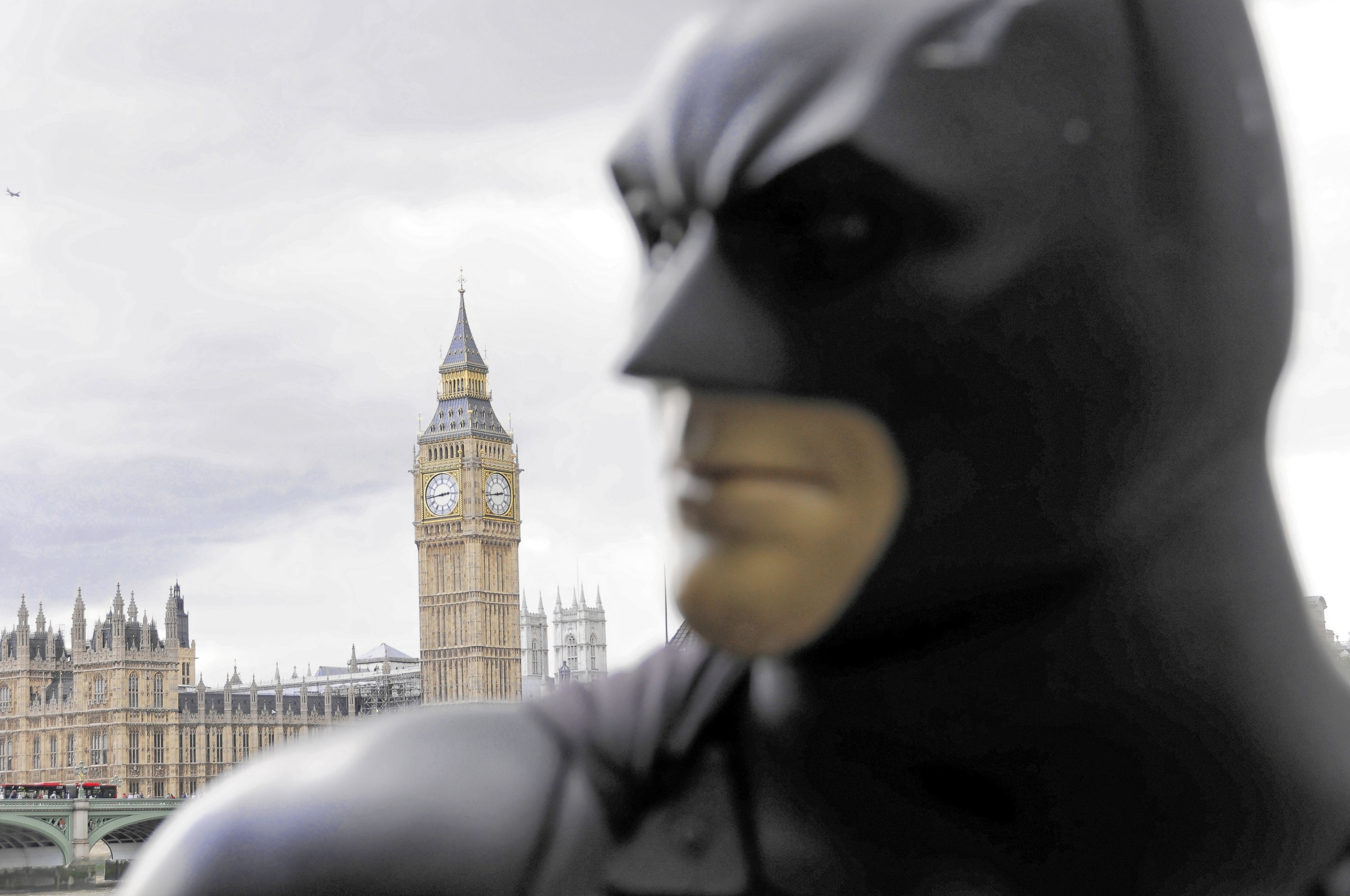 Batman statue in the foreground with Big Ben in the background in London, London, London region, England, United Kingdom,Image: 1032522853, License: Rights-managed, Restrictions: , Model Release: no