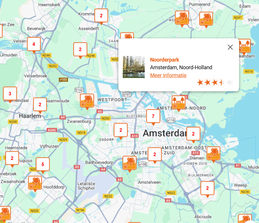 Interaktivni zemljevid, ki prikazuje območja na Nizozemskem, kjer psom ni treba biti na povodcu.