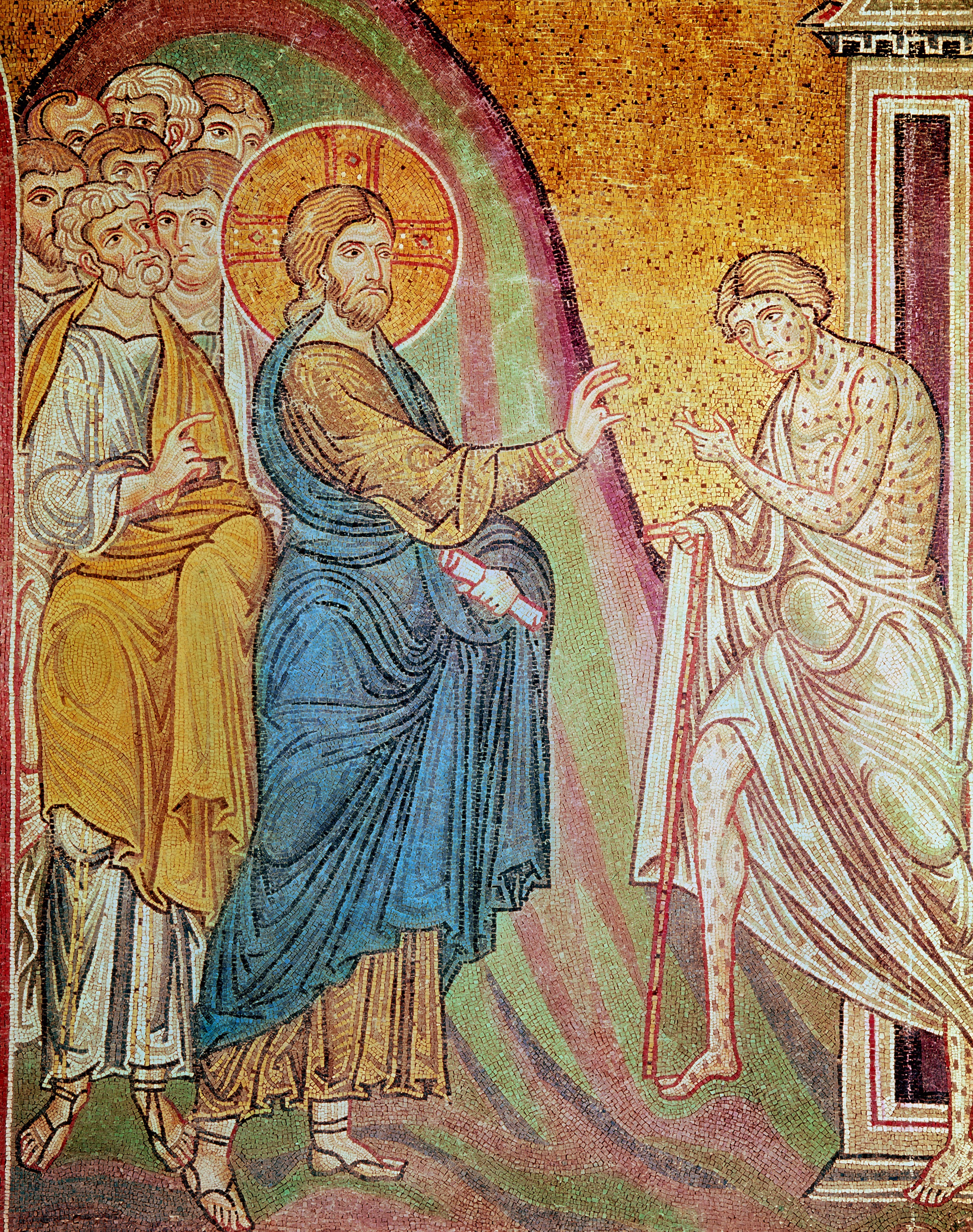 Jesus Healing a Leper (mosaic). Byzantine.Artist: Byzantine School, (12th century)Date: 1101 - 1200 (12th century)Location: Duomo (Cattedrale di Santa Maria Nuova), Monreale, Sicily, Italy
