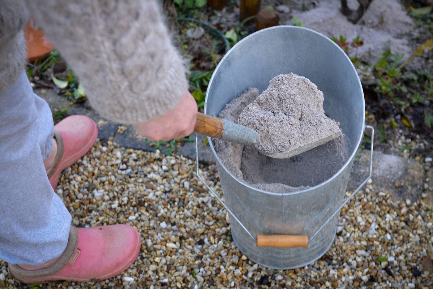 ženska z vedrom pepela za gnojenje v vrtu