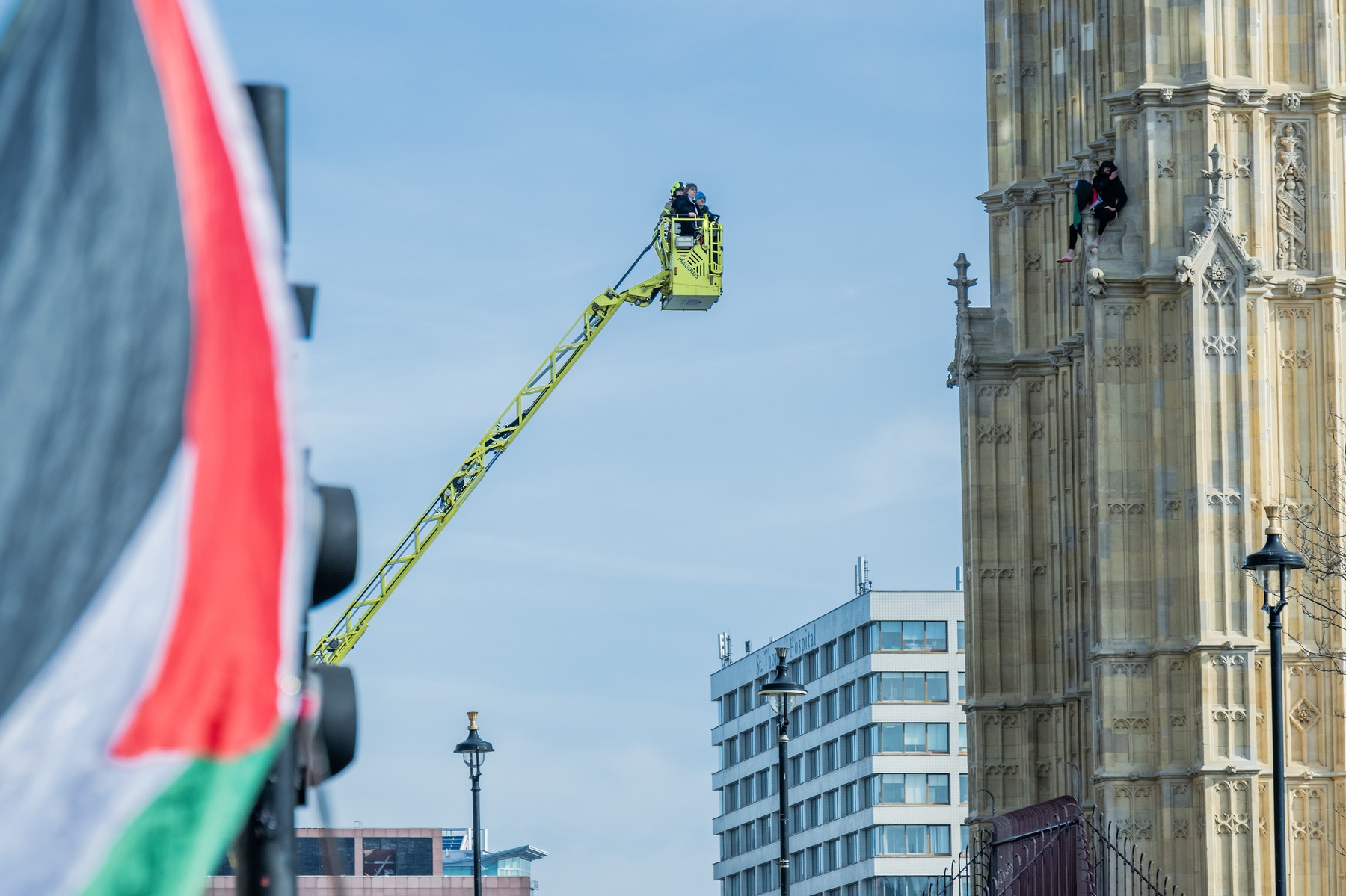 Palestine protester climbs Big Ben, London., Westminster, UK - 08 Mar 2025