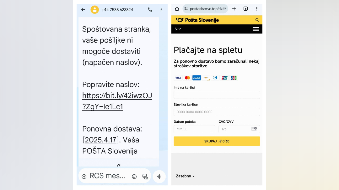 poskus prevare, Pošta, paket, sms, sporočilo, povezava, spletna prevara