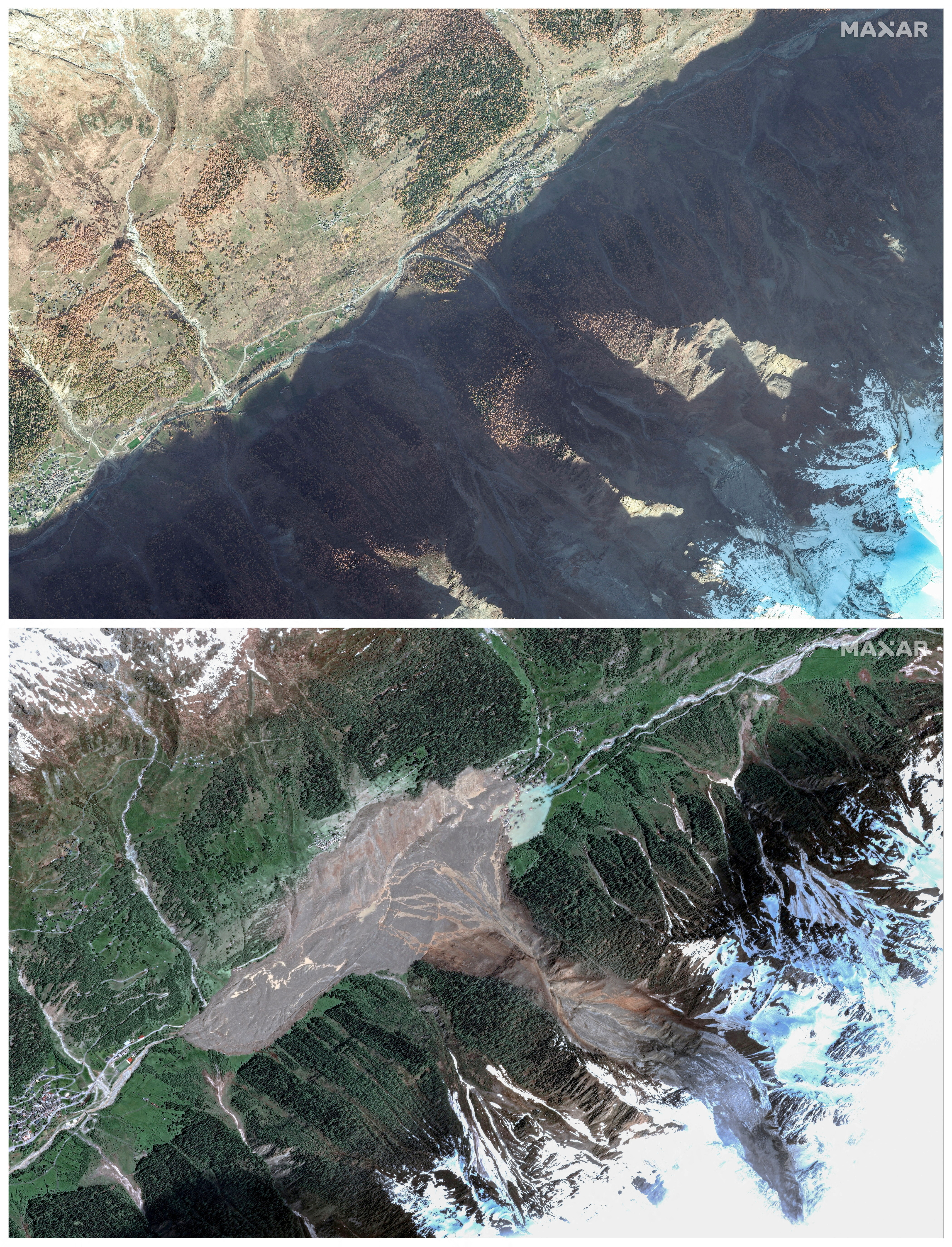 Vas Blatten novembra 2024 in v dneh po sproženju plazu