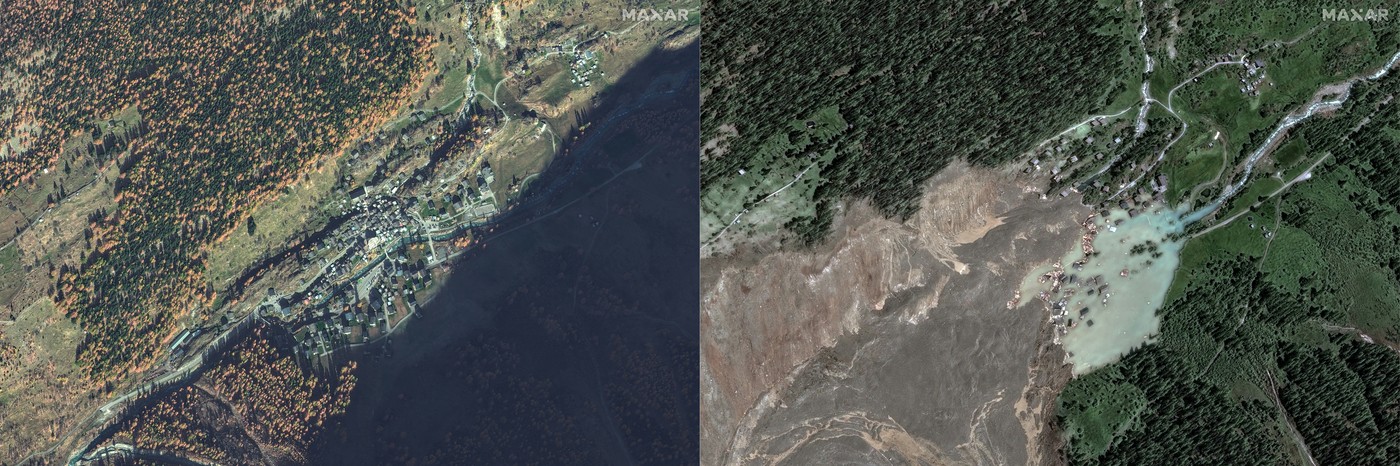Vas Blatten novembra 2024 in v dneh po sproženju plazu
