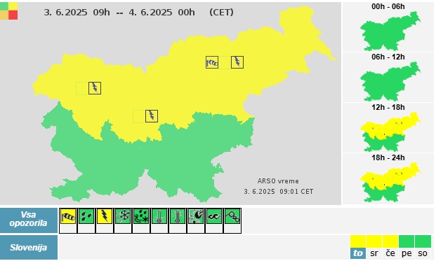 Rumeno opozorilo za sever Slovenije v torek.