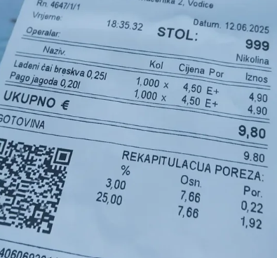 račun za dva sokova v Vodicah