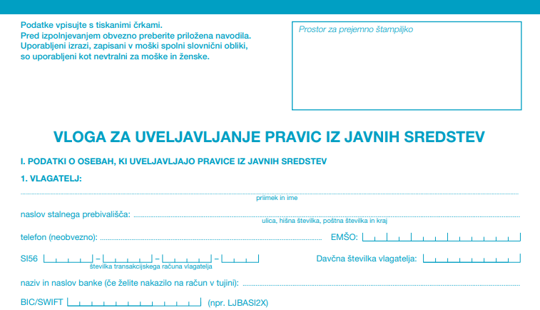 Vloga za uveljavljanje pravic iz javnih sredstev