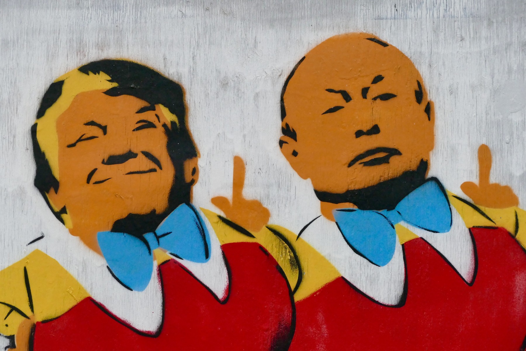 Tweede Dee & Tweedle Dum depicted as President Trump & President PutinGraffiti in Marlborough, Wiltshire, UK - 08 Feb 2017,Image: 315968828, License: Rights-managed, Restrictions: , Model Release: no