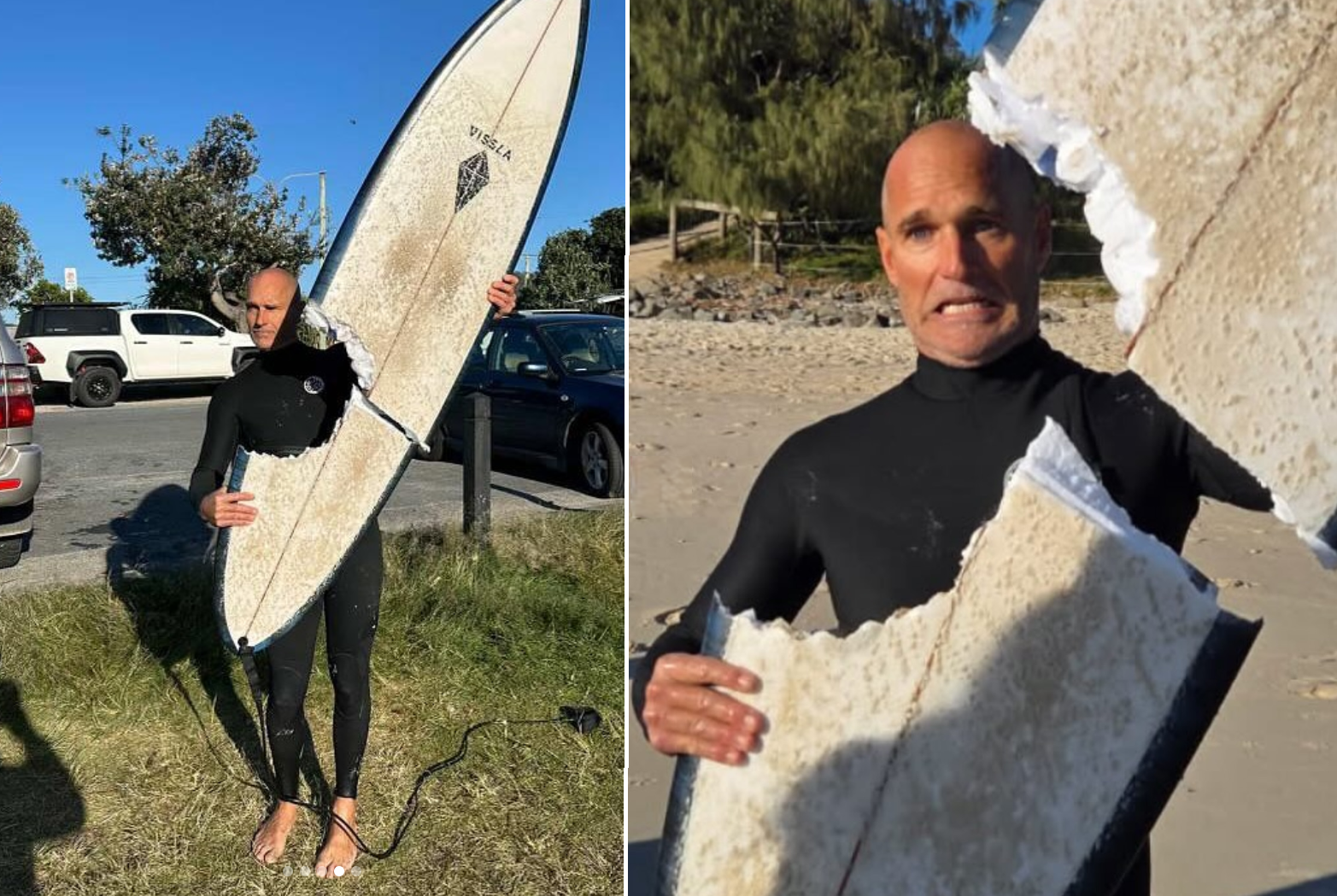 Zlomljena deska po napadu morskega psa