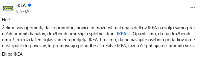 IKEA opozarja na lažen oglas