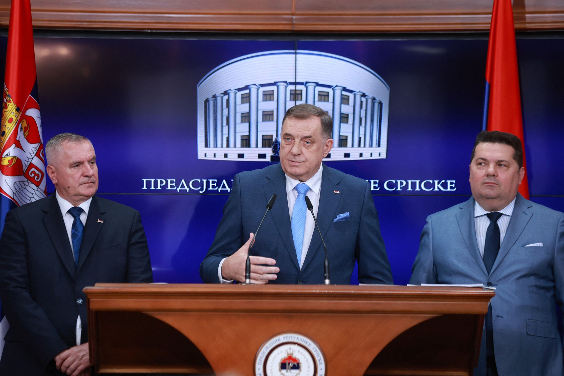 Milorad Dodik (C) Prime Minister of Republika Srpska Radovan Viskovic (L) and Speaker of the parliament of Republika Srpska Nenad Stevanovic, Banja Luka, on March 12, 2025