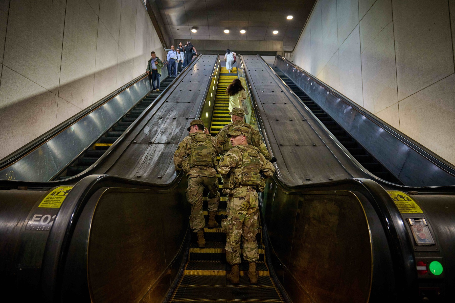 Members of the National Guard from multiple states patrol a Metro transit station in Washington D.C. on orders from Pres. Donald Trump, August 20, 2025.,Image: 1030665793, License: Rights-managed, Restrictions: , Model Release: no